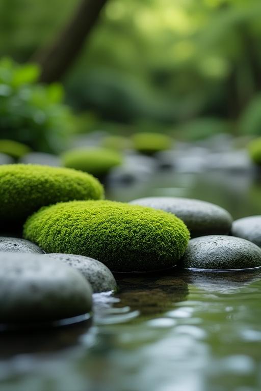 Close-up of moss-covered stones in a zen garden with gentle water flow, evoking tranquility and natural beauty.