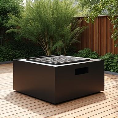 A modern, square Irori-style grill integrated into a wooden deck, inviting communal cooking.