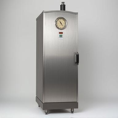 A tall, vertical smoker with a brushed metal finish and a visible temperature gauge, perfect for delicate smoking.