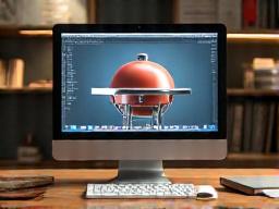 A 3D model of a grill on a computer screen next to samples of wood and steel, representing design and material selection.