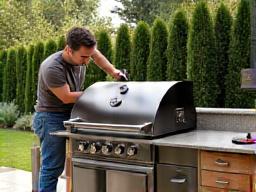A completed grill being carefully installed in an outdoor kitchen space, marking the final stage.