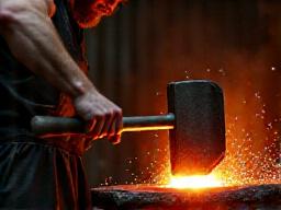 Sparks flying as a blacksmith hammers a piece of red-hot steel, showcasing traditional forging.